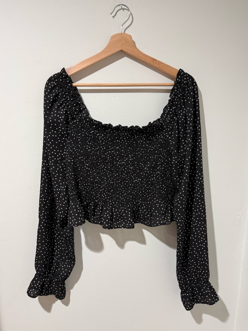 Forever 21 Black and White Polka Dot Smocked Ruffle Trim Crop Top
